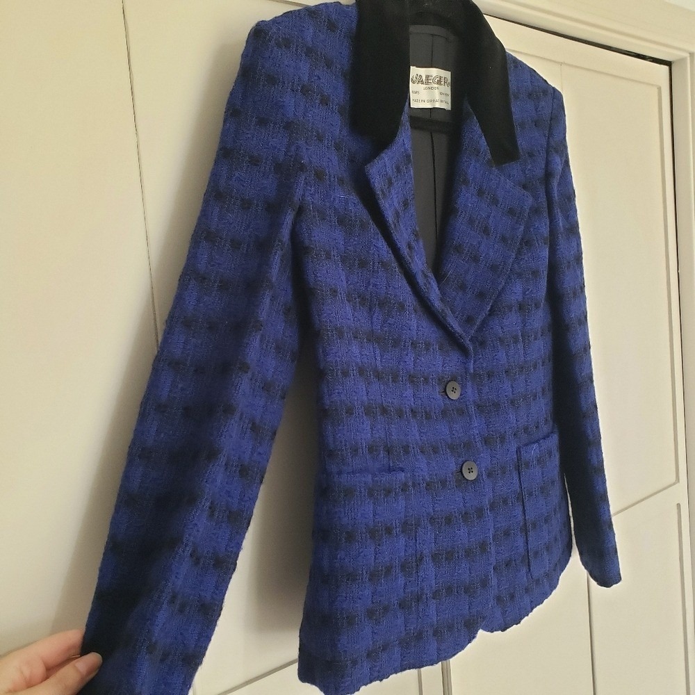 Jaeger London Blazer Jacket Blue Black Patterned Velvet Trim Cobalt - Picture 4 of 13